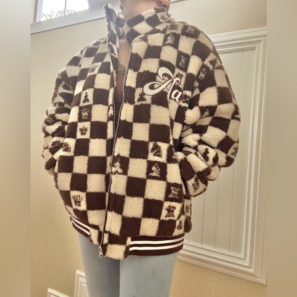 New Brown and Cream Checkered Fleece Jacket - Picture 5 of 9